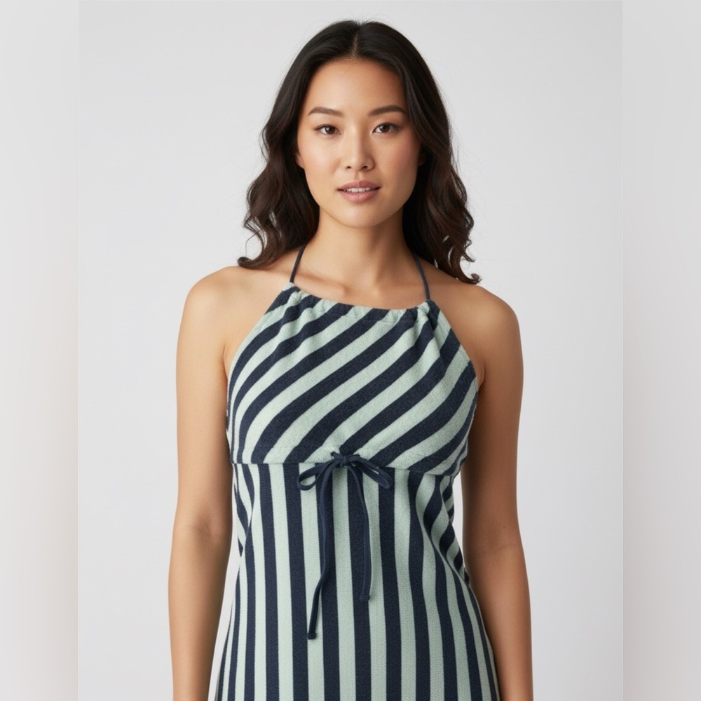 Tommy Jeans Y2K Stripped Terry Cloth Halter Top Size Medium Front Tie